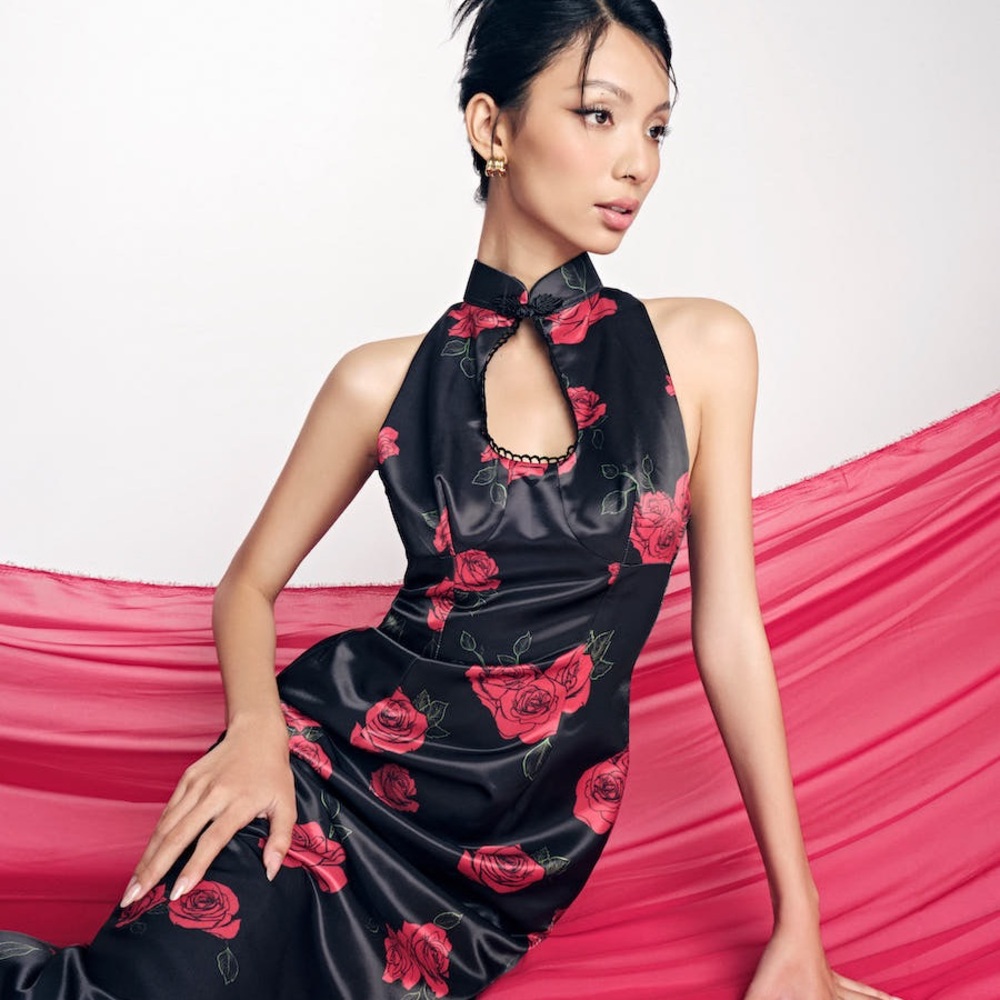 Elegant Floral Satin Black Lunar New Year Dress